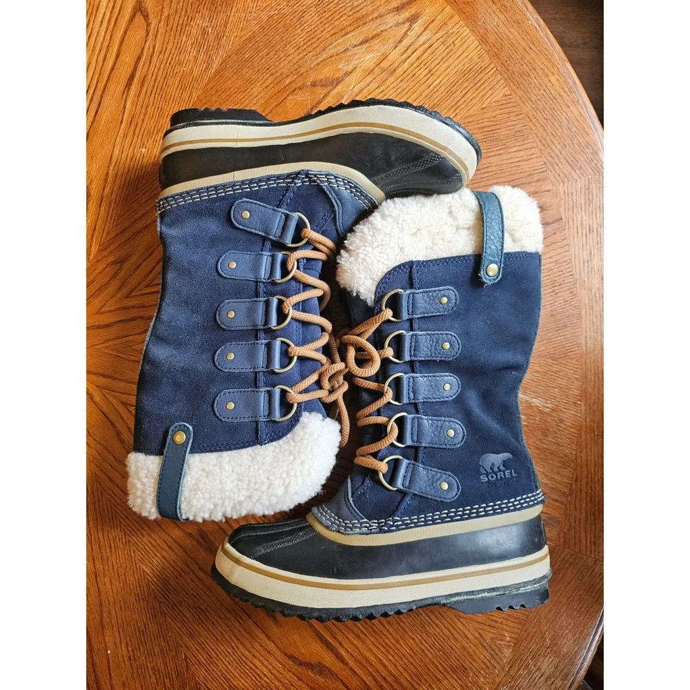 Sorel Joan of Arctic shearling Winter Snow Boots Navy Blue Waterproof Suede sz 6